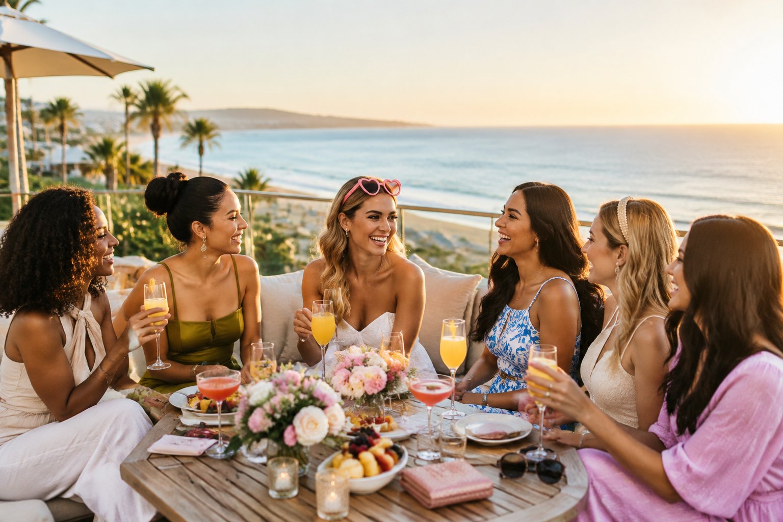 A group of friends celebrates a bachelorette weekend at a sunny coastal resort.