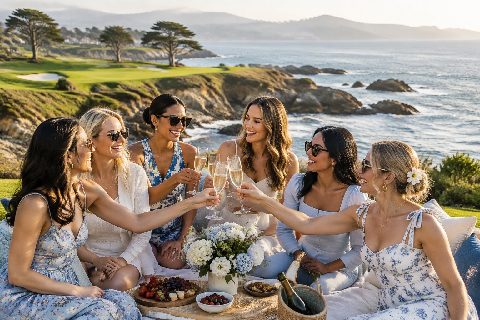 A group of women celebrates together at a scenic Pebble Beach coastal overlook.