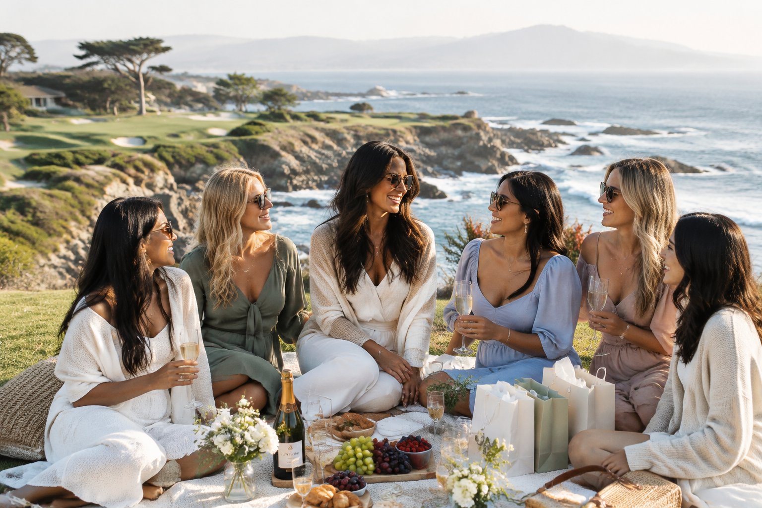 A bride and her friends enjoy a stylish coastal gathering overlooking the Pacific Ocean at Pebble Beach.