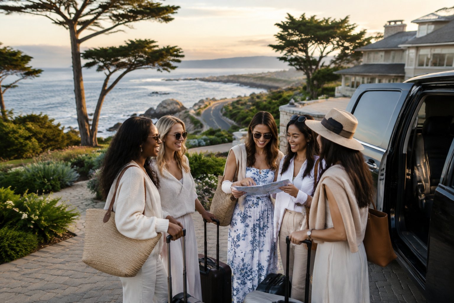 A group of women gathers outside a coastal resort near a vehicle in Pebble Beach.