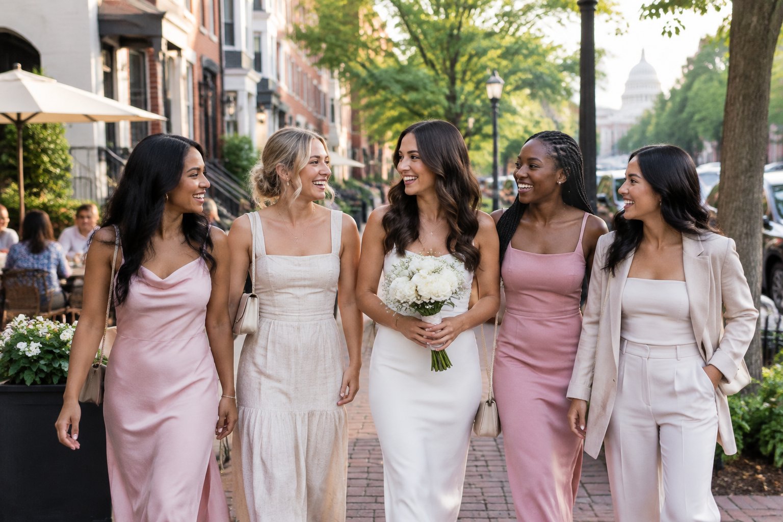 A group of friends celebrating together on a lively Georgetown street in Washington, DC.
