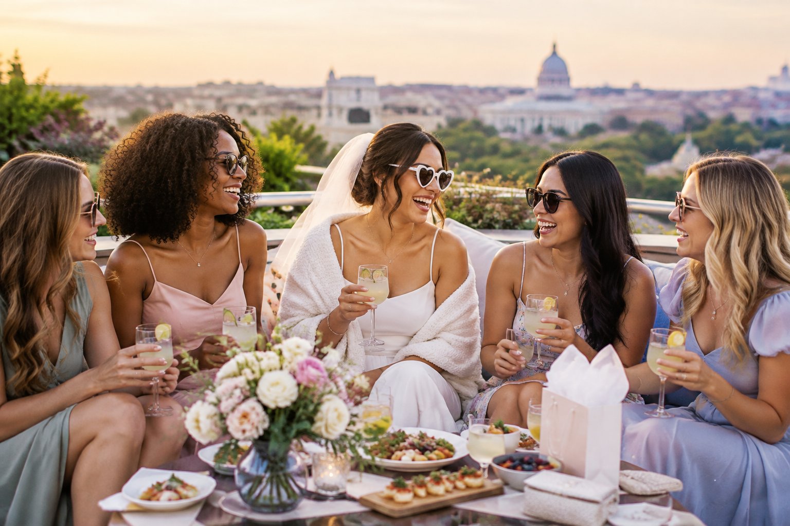 A bride and her friends enjoy a stylish outdoor celebration on a Washington, DC rooftop.