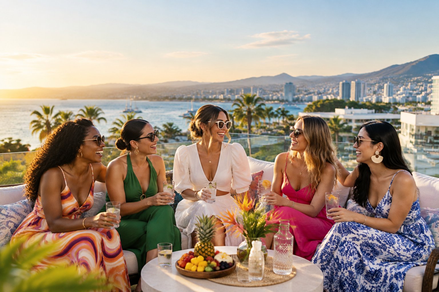 A group of friends celebrate a bachelorette getaway on a sunny rooftop overlooking a coastal city.