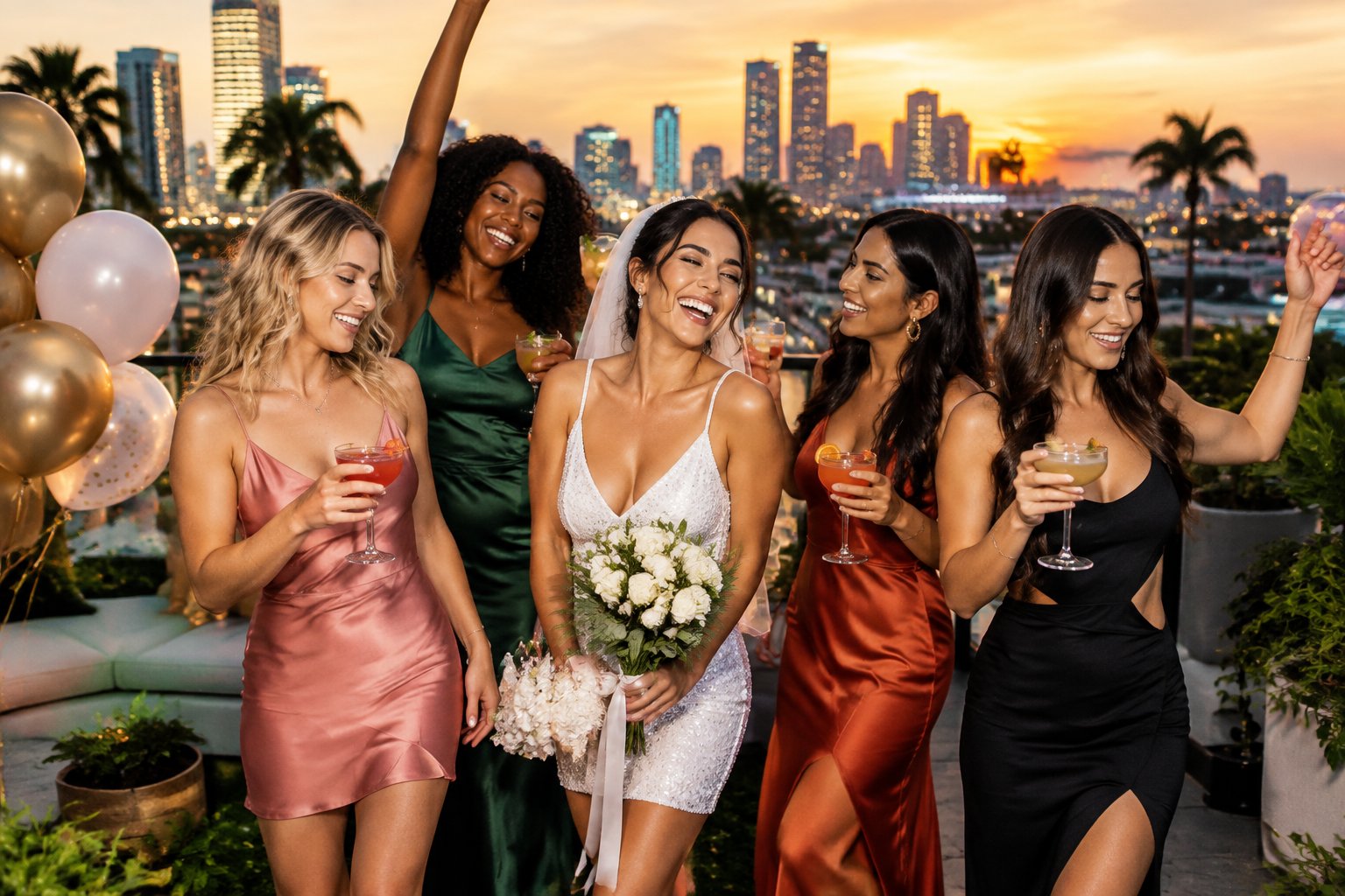 A group of women celebrating a bachelorette weekend on a rooftop overlooking a glowing city skyline.