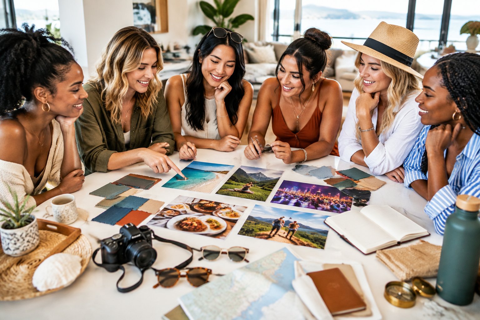 A group of friends collaboratively planning a customized bachelorette trip around a table.