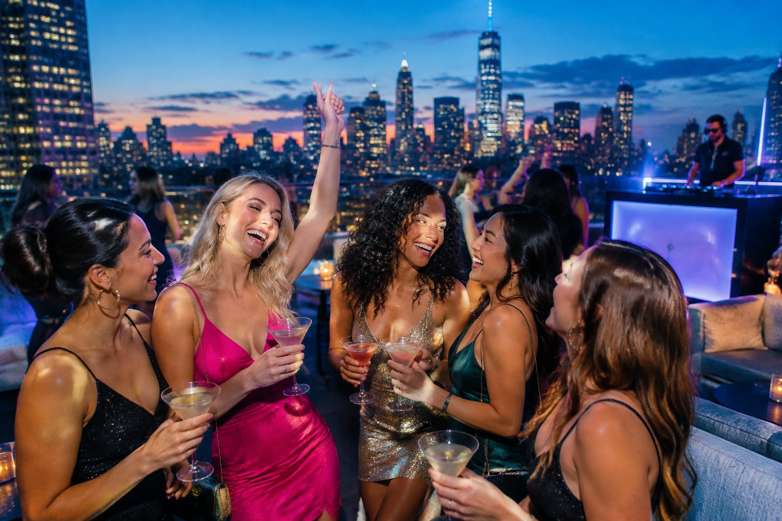 A group of friends celebrates with cocktails on a rooftop lounge overlooking a brightly lit city skyline.