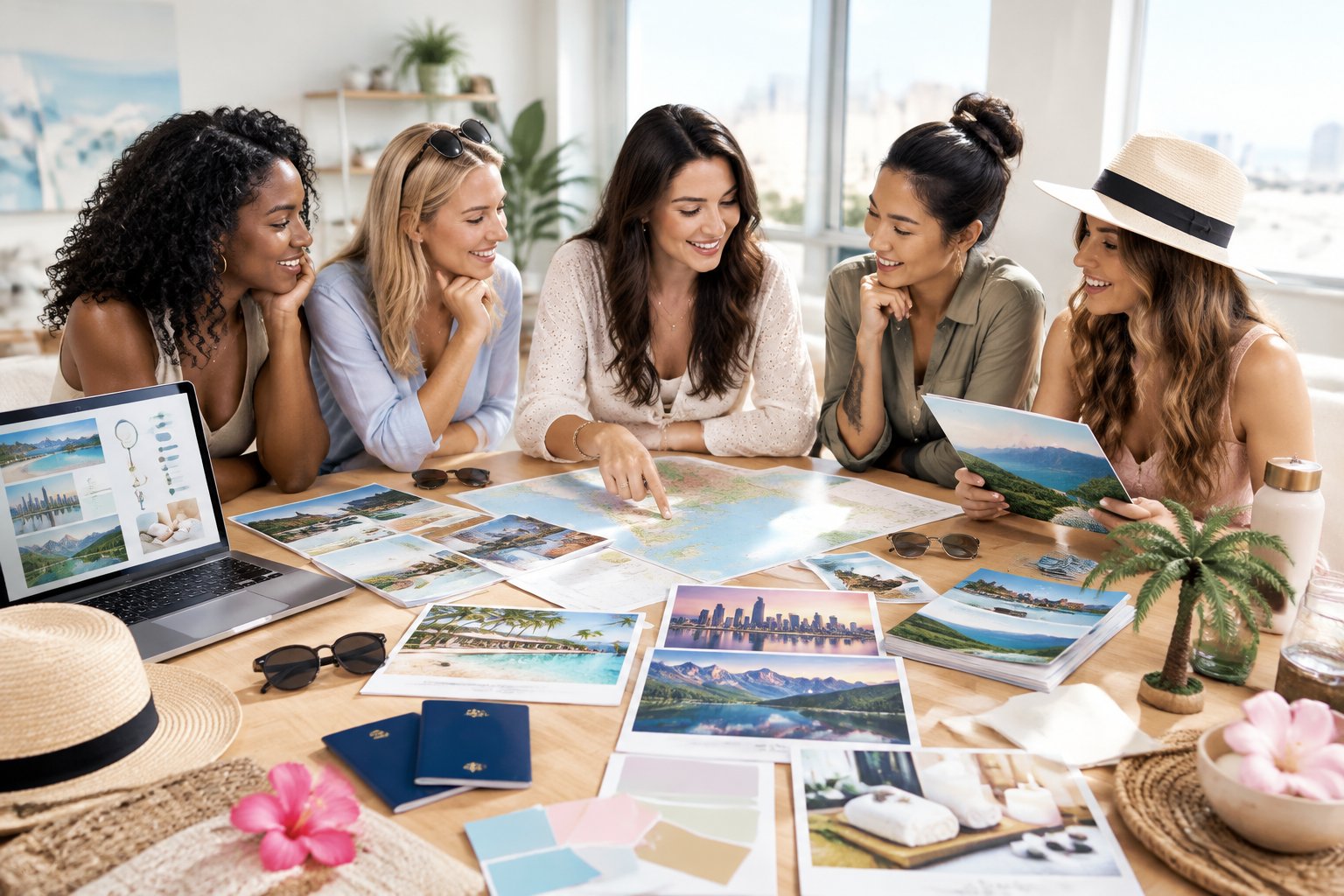 A group of women planning a bachelorette party while comparing travel destinations around a table.