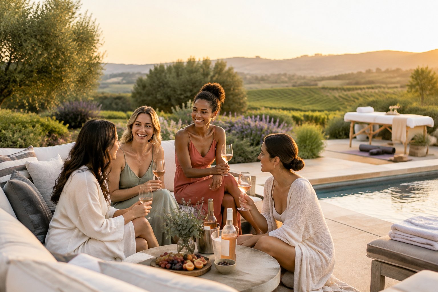 A group of women relax together at a vineyard resort beside a spa-style pool.