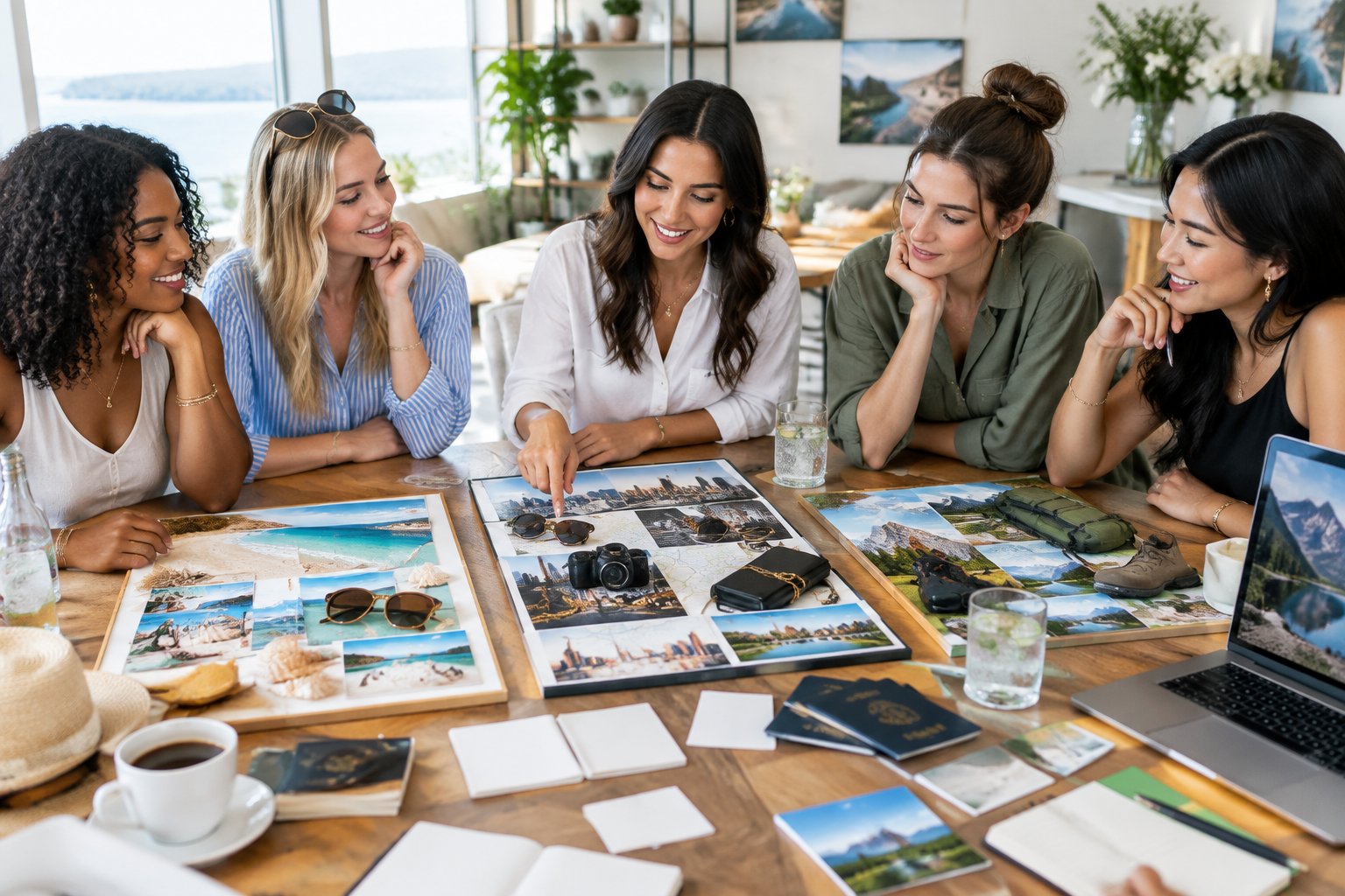 A group of friends compares different vacation ideas around a table.