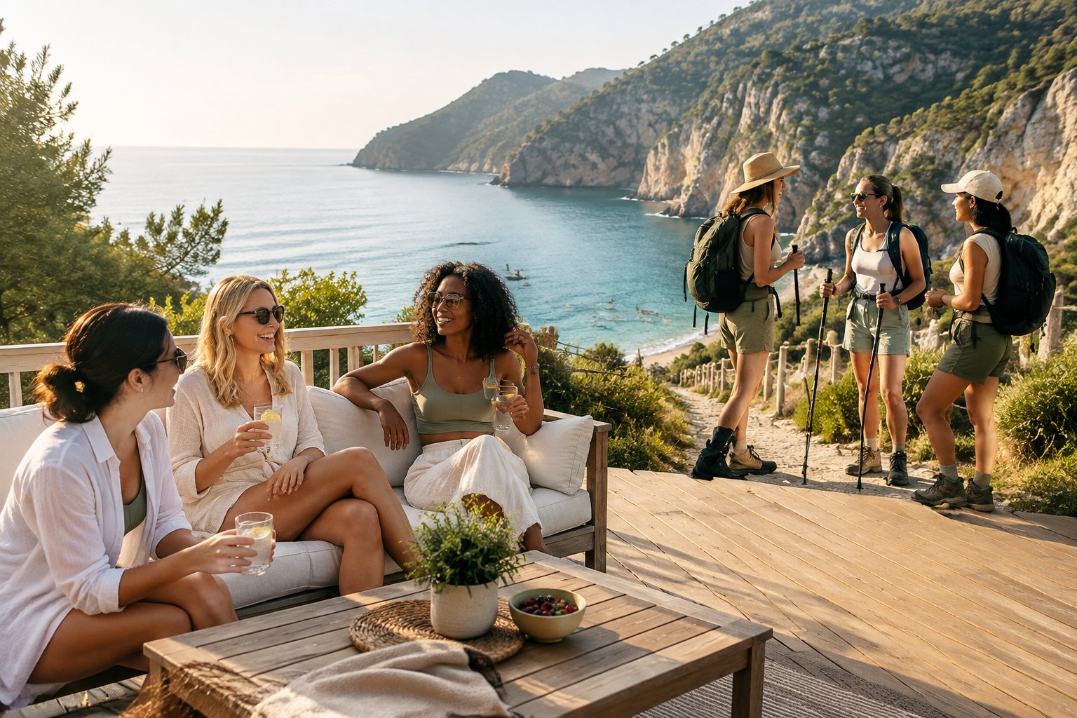 A group of friends relaxes on a terrace overlooking a scenic coastal mountain landscape while preparing for an outdoor adventure.