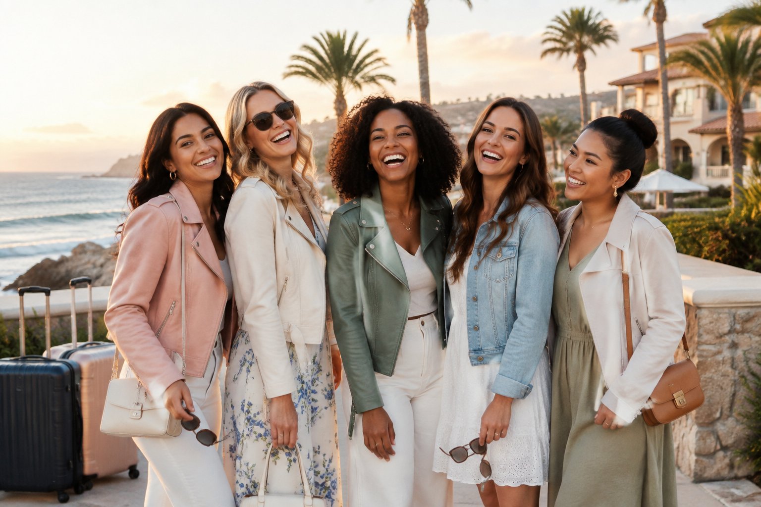A group of women in coordinated jackets celebrating together at a sunny coastal vacation destination.
