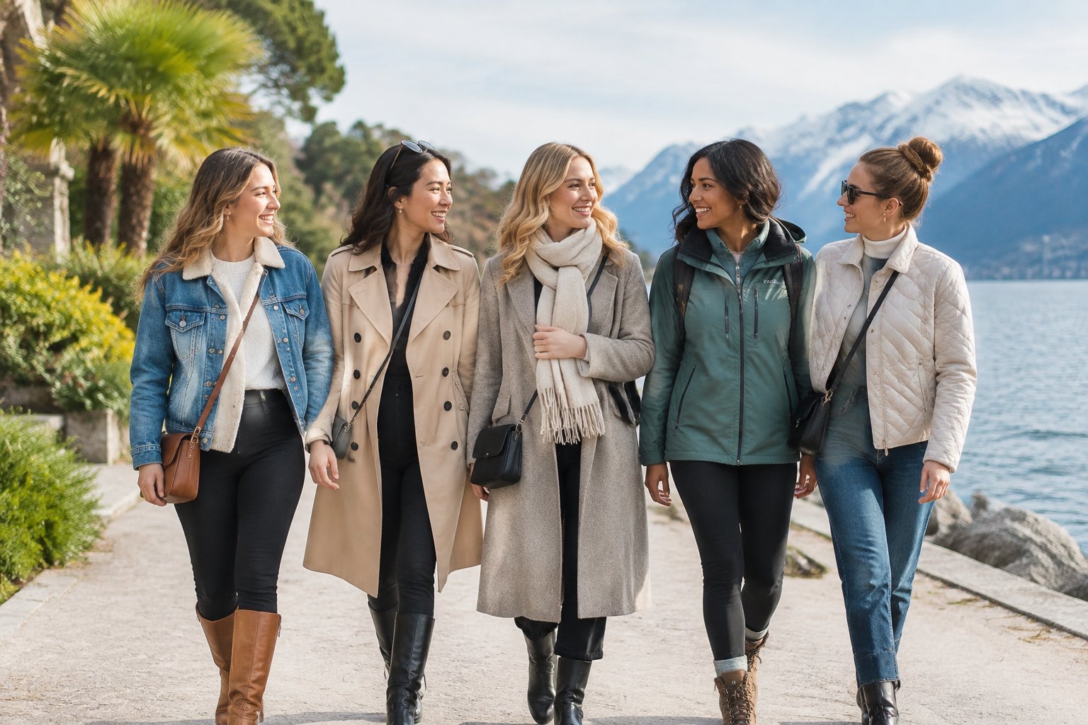 A group of friends wearing different stylish jackets together at a scenic travel destination.