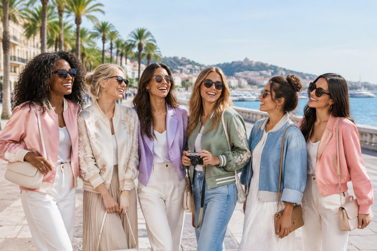 A group of friends wearing coordinated colorful jackets gathers at a sunny coastal destination.