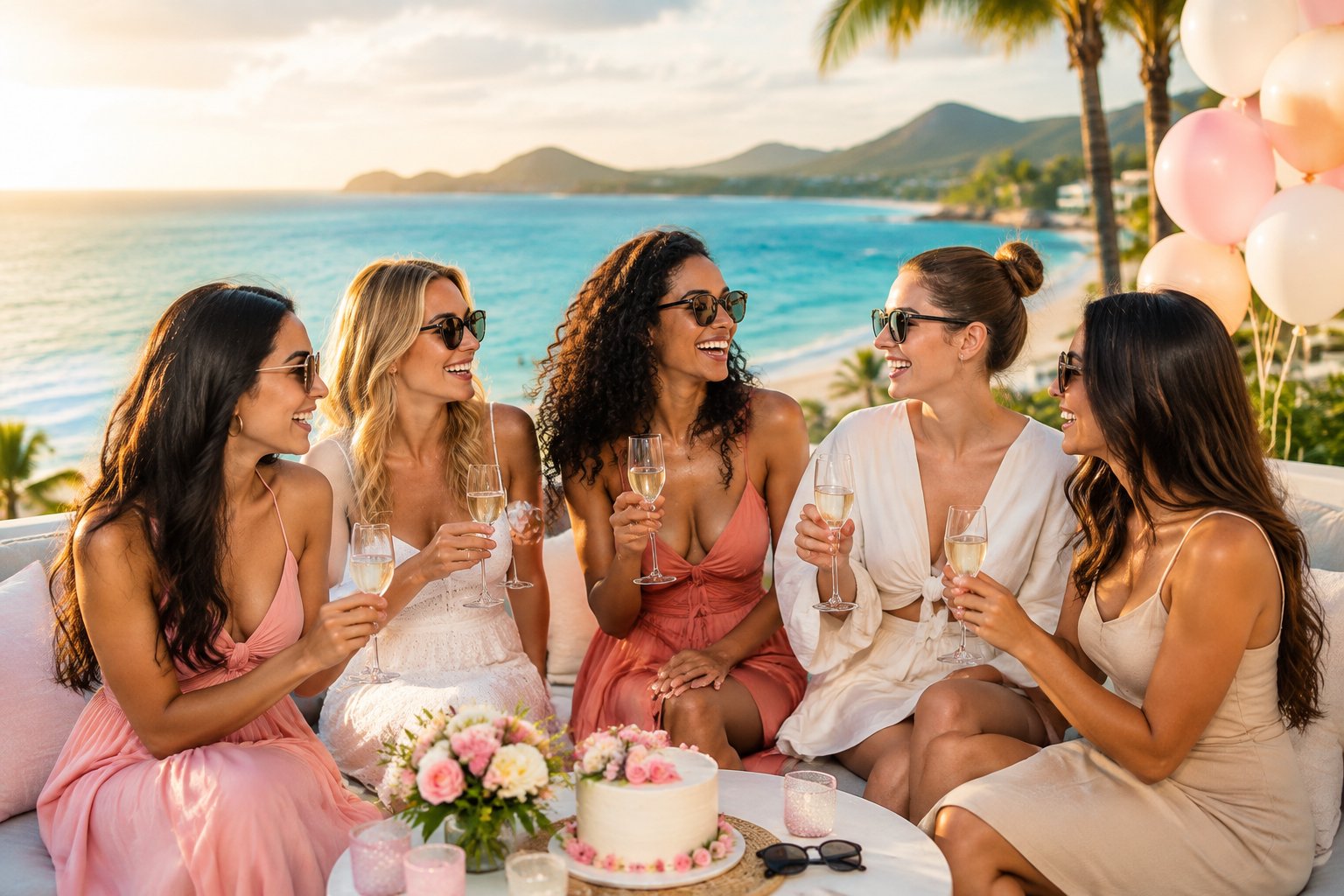 A group of women friends celebrating together on a sunny coastal resort terrace overlooking the ocean.