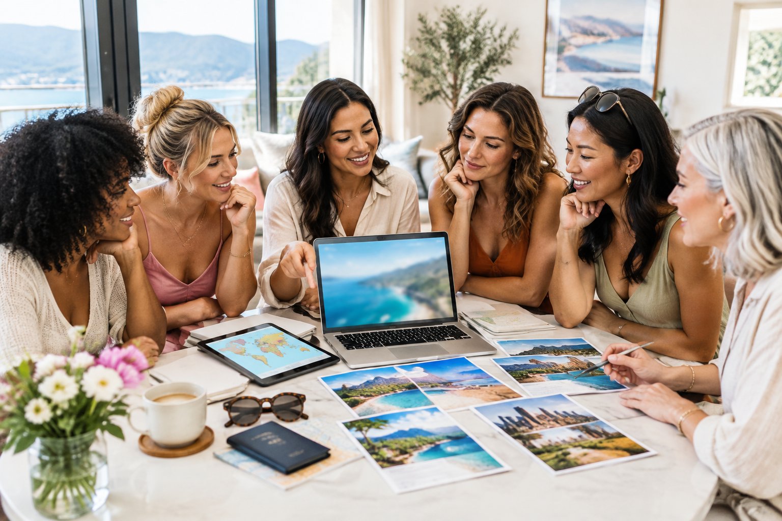 A group of friends compares travel options while planning a bachelorette getaway.
