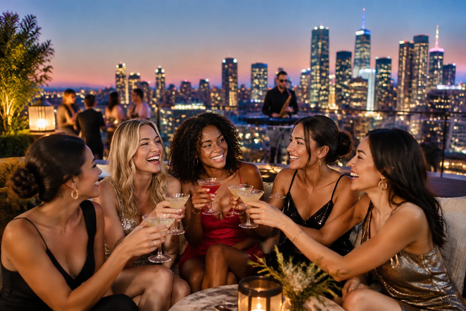 A group of friends celebrating together at a rooftop lounge overlooking a glowing city skyline.