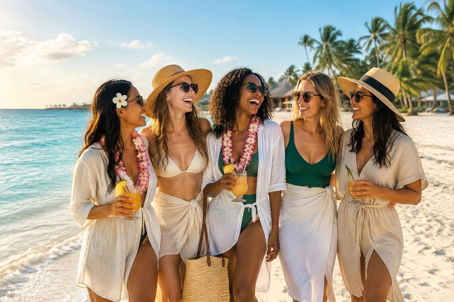 A group of women friends celebrating together on a sunny tropical beach.
