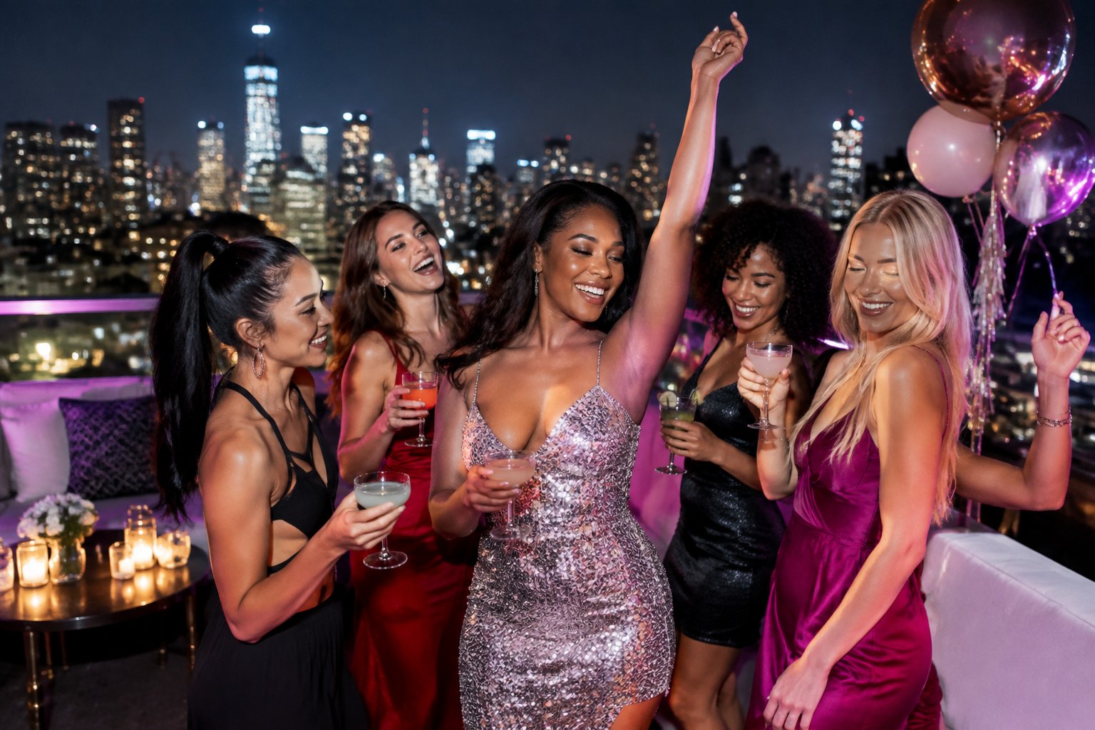 A group of women celebrates a bachelorette party at an elegant rooftop lounge overlooking city lights.