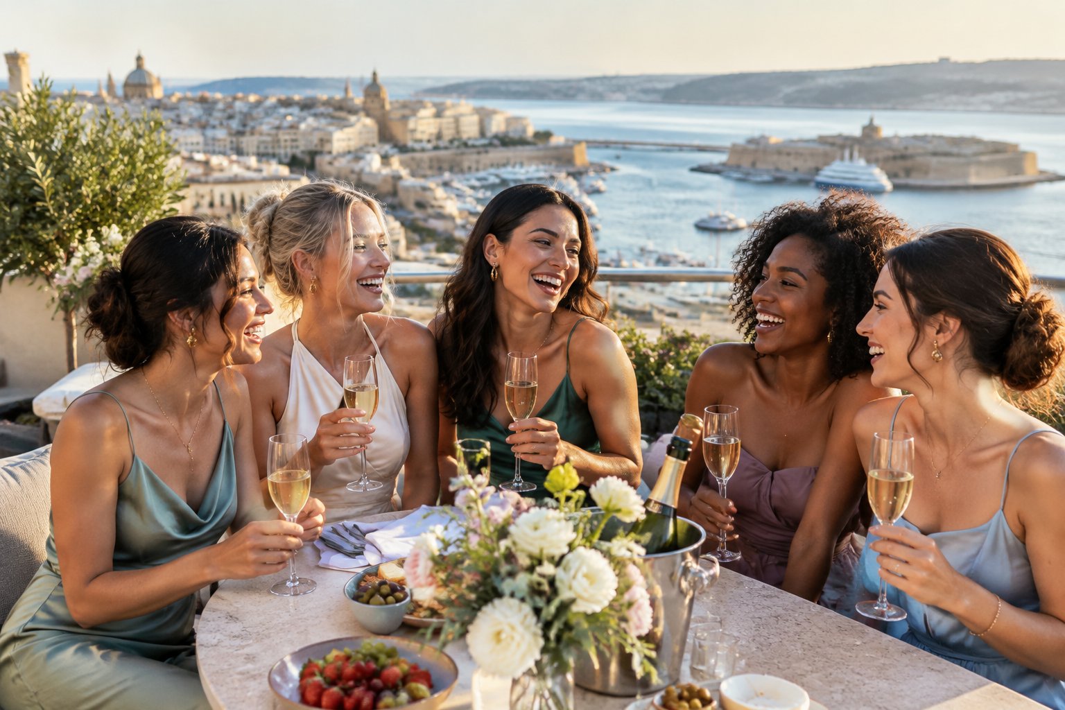 A group of friends celebrates with wine on a rooftop overlooking a coastal city.