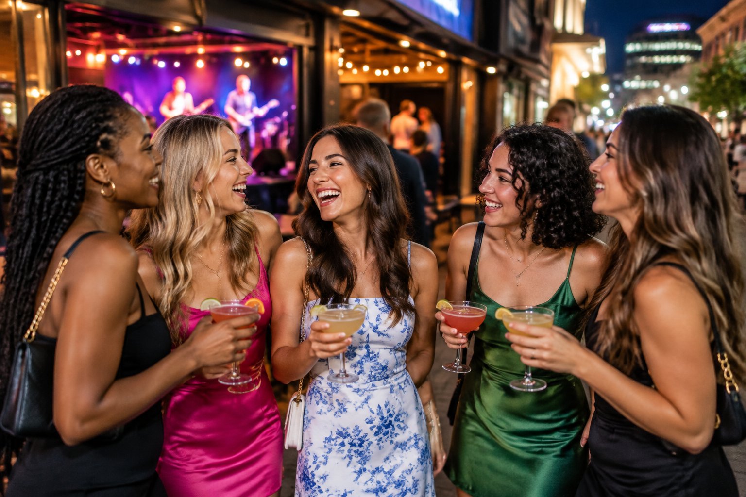 A group of women celebrating together outside a lively downtown music venue at night.
