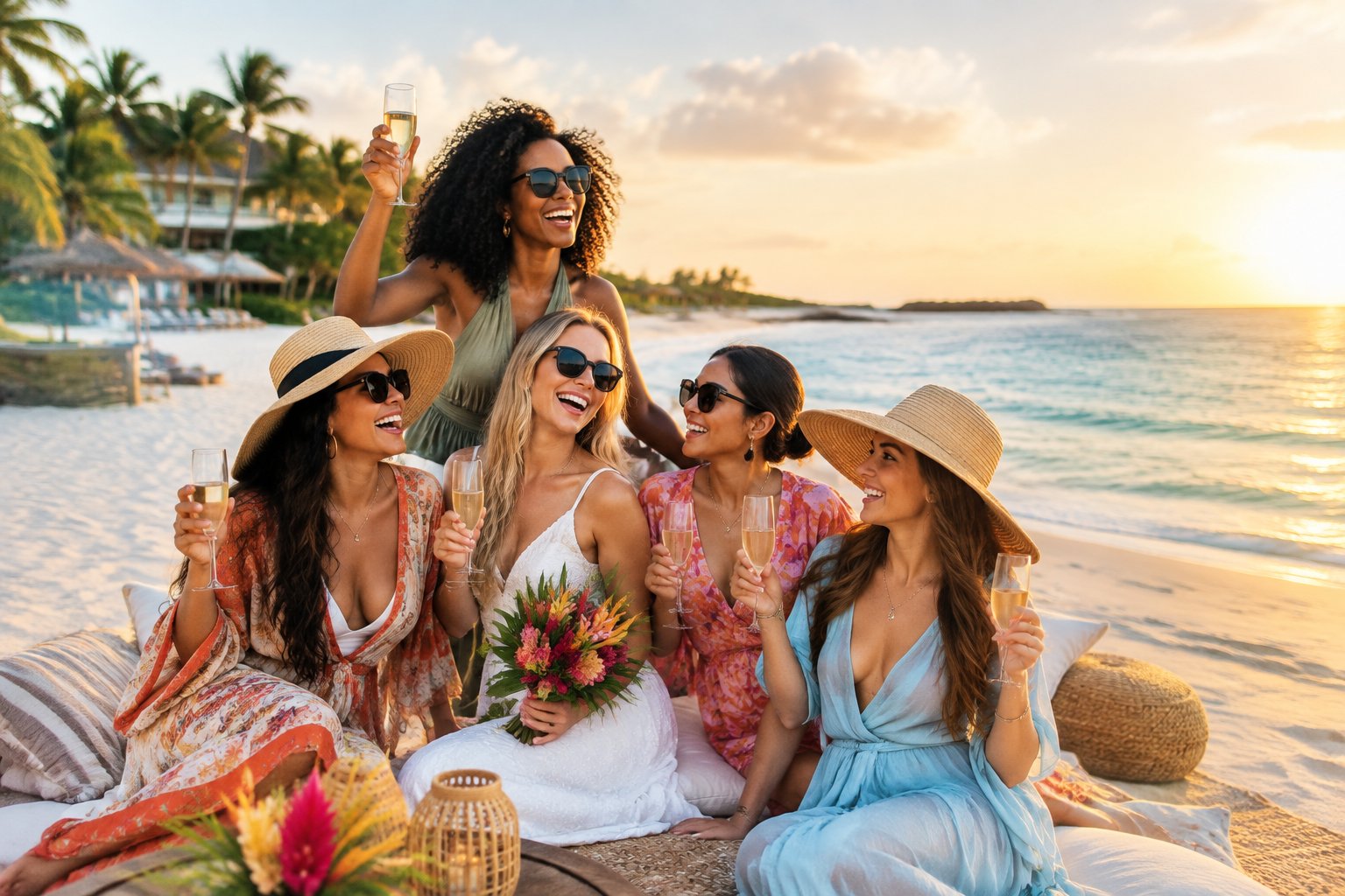 A group of friends celebrating together on a sunny tropical beach near the shoreline.