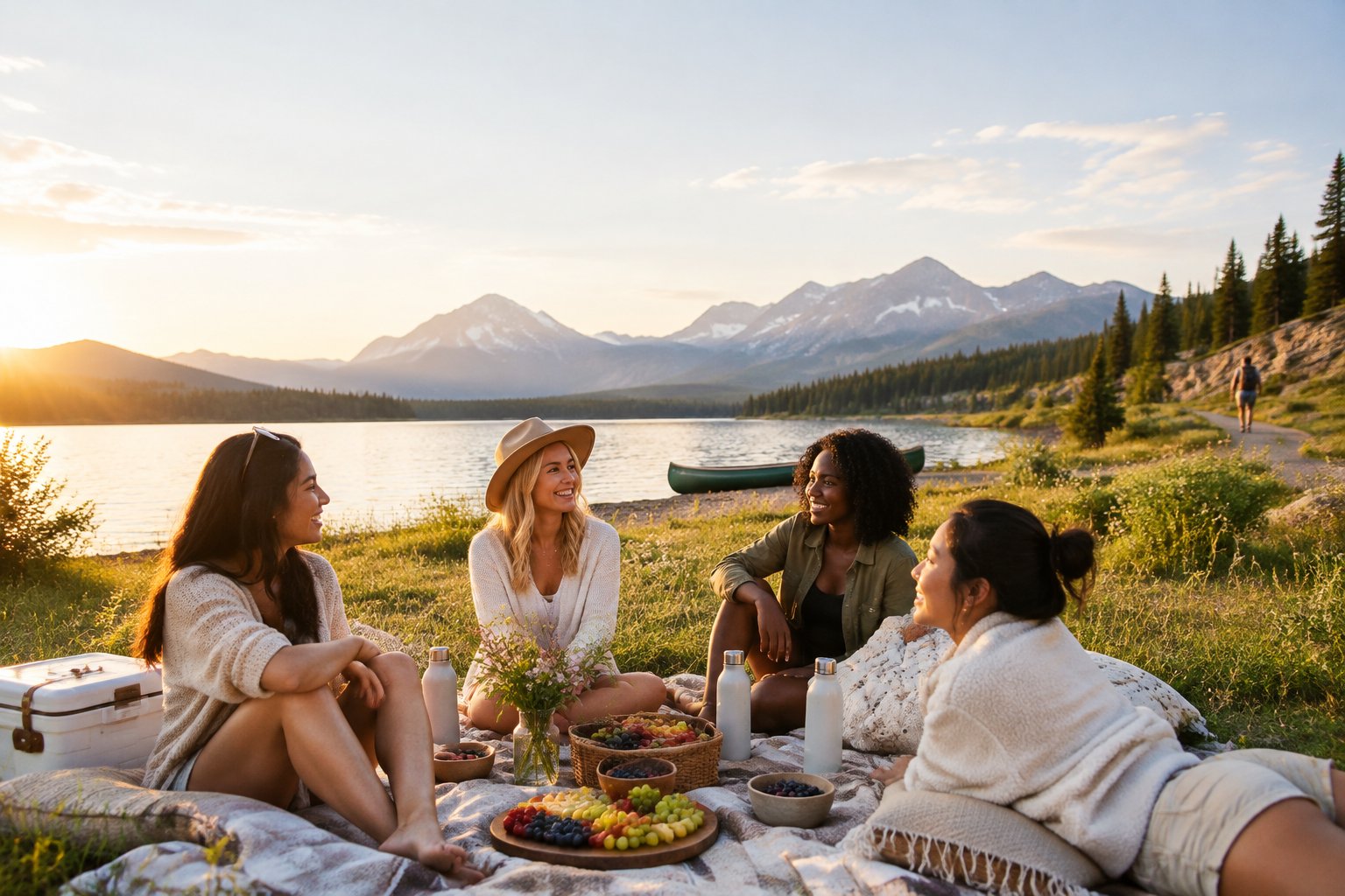 A group of friends enjoys a relaxed outdoor celebration beside a scenic mountain lake.
