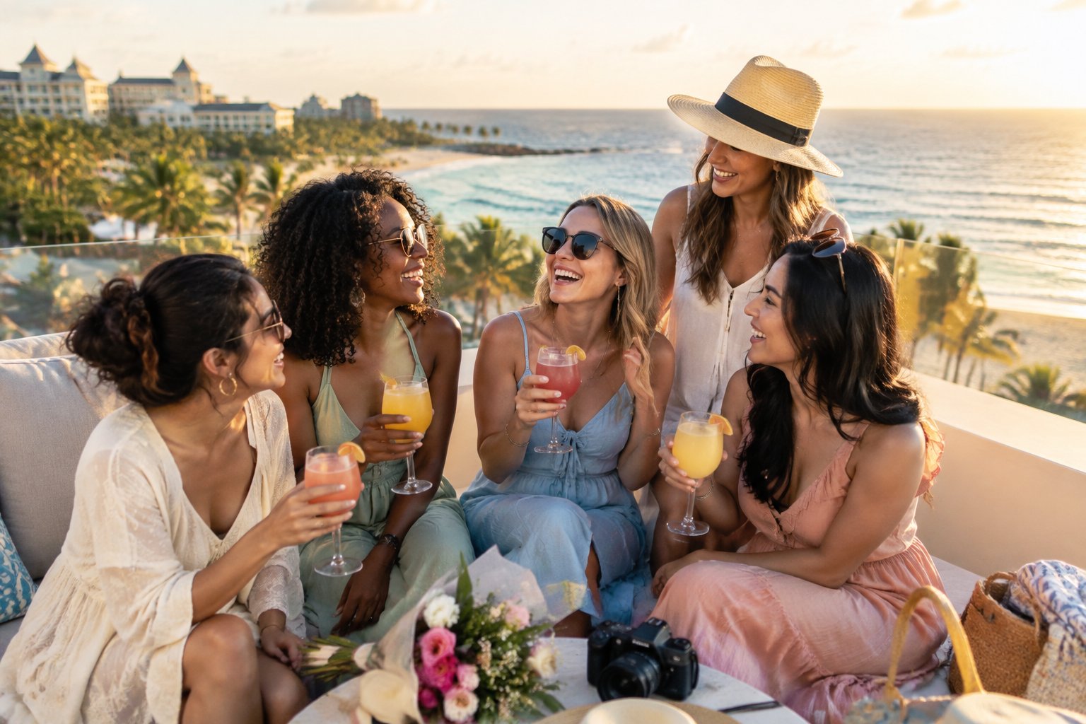 A group of friends celebrating together on a sunny rooftop overlooking a tropical beach destination.