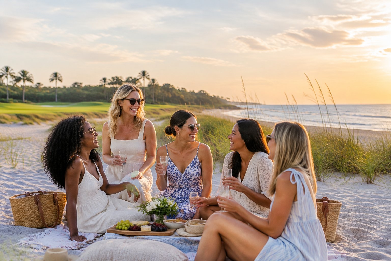 A group of friends enjoys a relaxed beach celebration on Hilton Head Island at sunset.