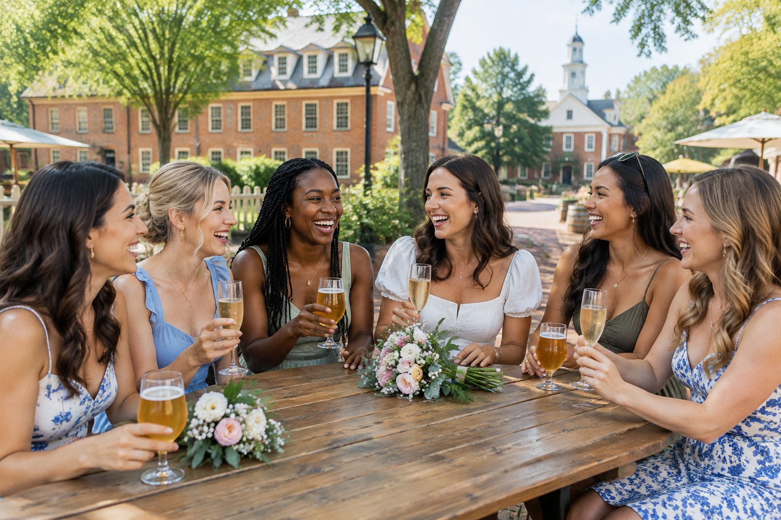 A group of friends celebrating together at an outdoor brewery patio near historic colonial buildings in Williamsburg.