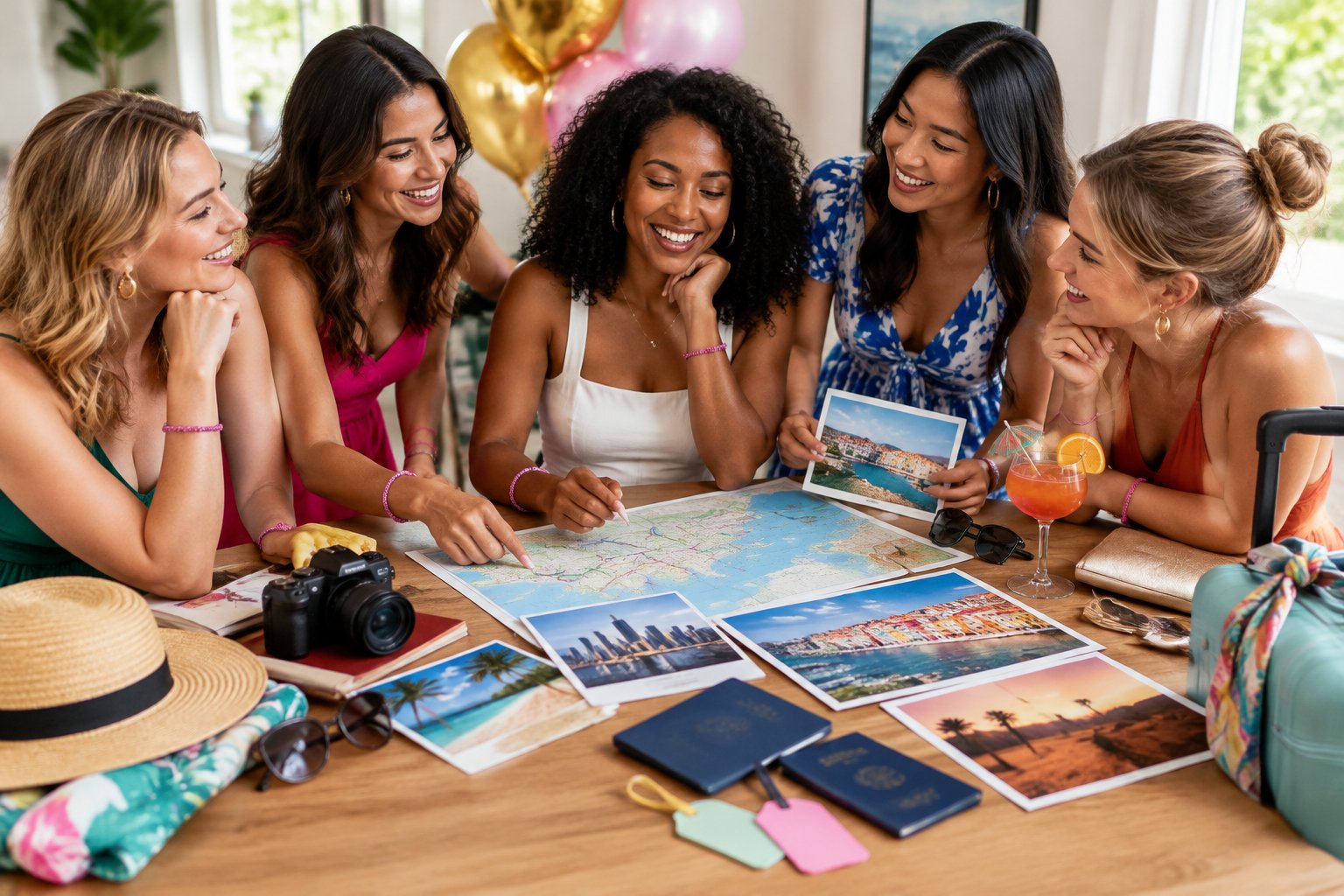 A group of women excitedly planning a celebratory trip while surrounded by travel items and destination images.