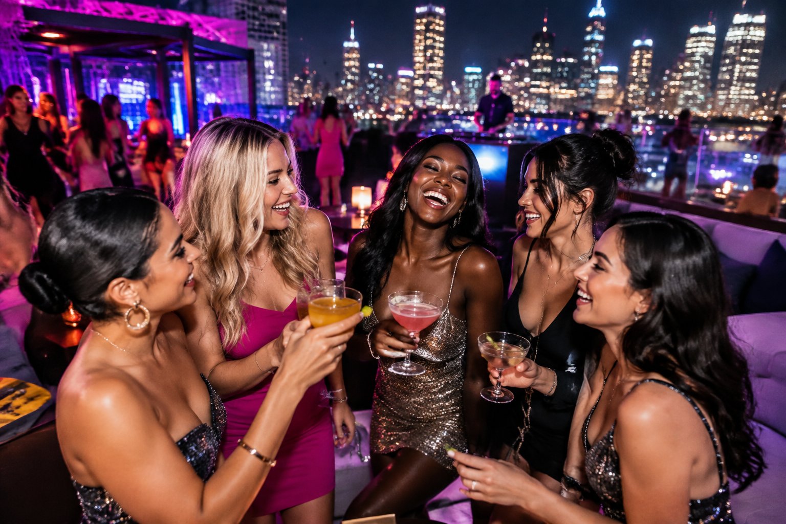 A group of friends celebrating together at a lively rooftop nightlife venue with a city skyline in the background.