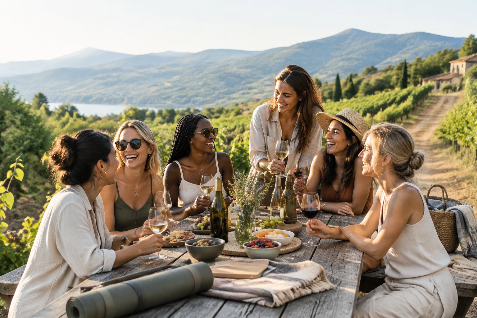 A group of friends shares wine and refreshments at a sunny vineyard surrounded by hills.