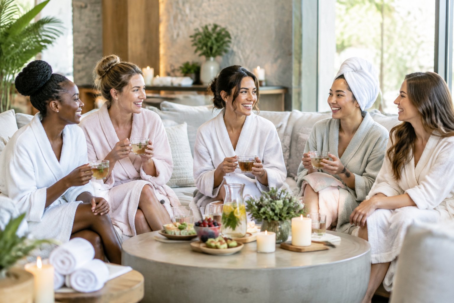 A group of friends in spa robes relaxing together in a luxurious day spa lounge.