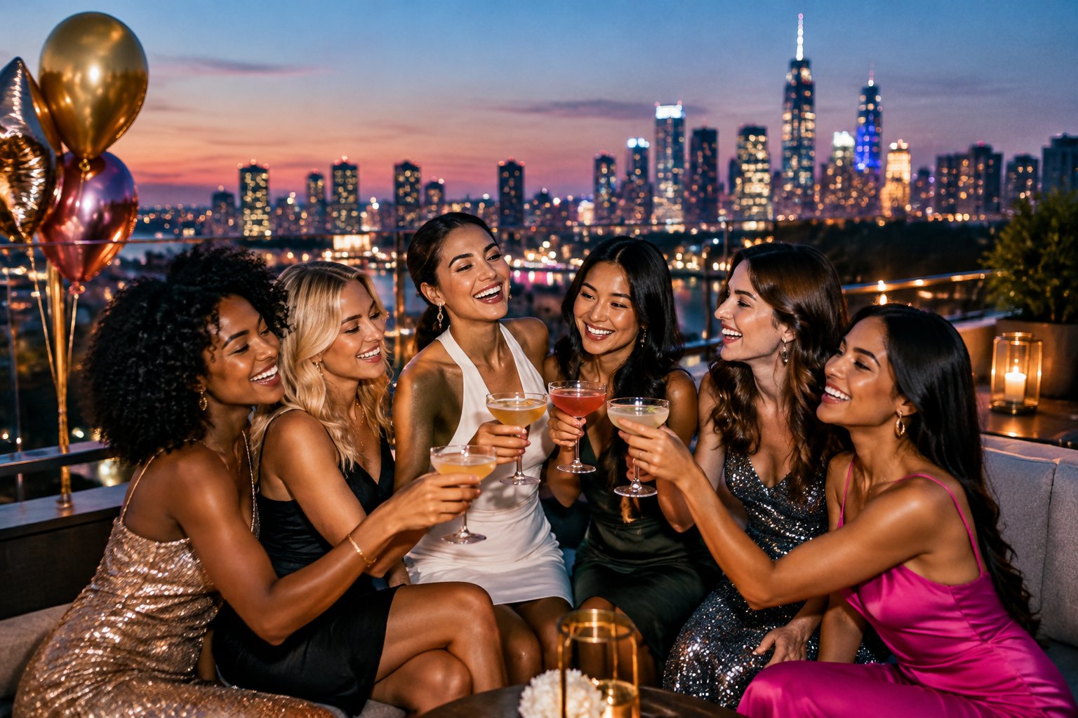 A group of friends celebrates together at a rooftop lounge overlooking a brightly lit city skyline at night.