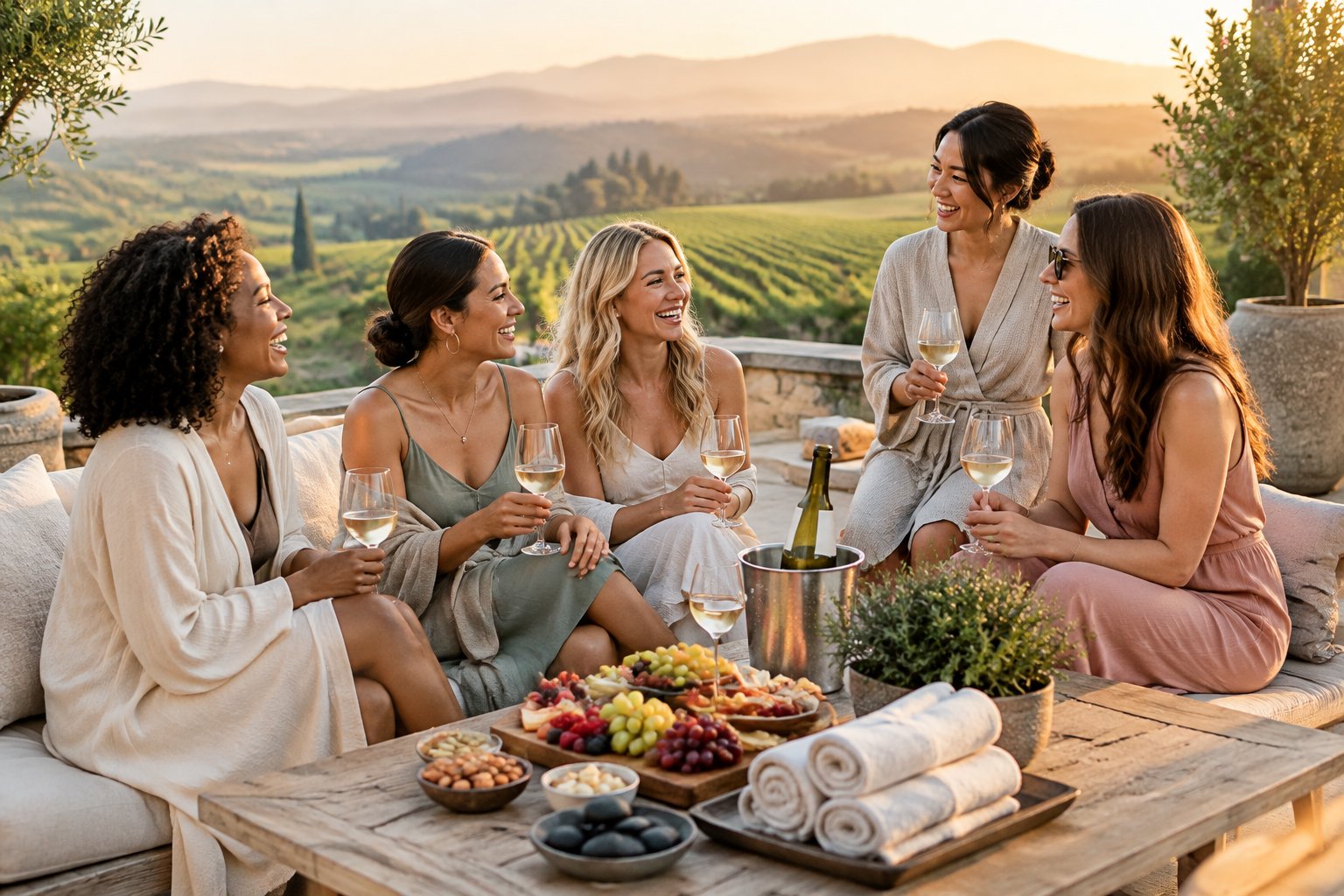 A group of women friends relaxing with wine on a terrace overlooking a vineyard.