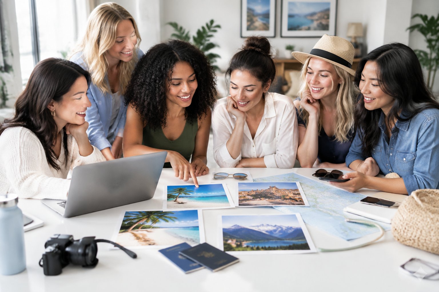 A group of friends compares travel ideas and plans a bachelorette getaway around a table.