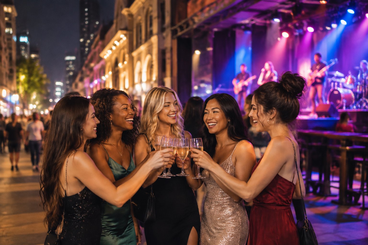A group of women celebrating together outside a lively city music venue at night.