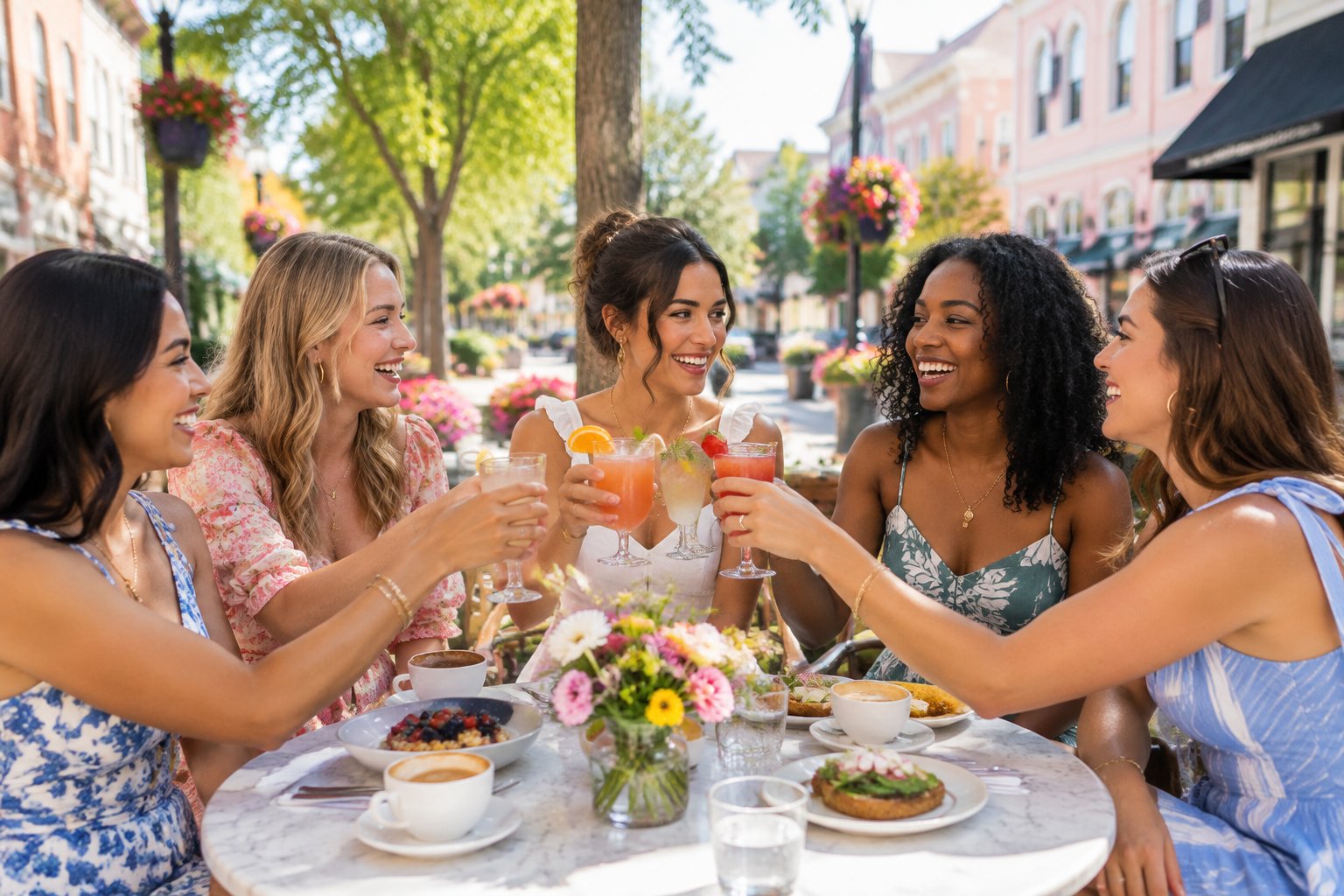 A group of friends enjoys brunch together at an outdoor cafe in historic downtown DeLand.