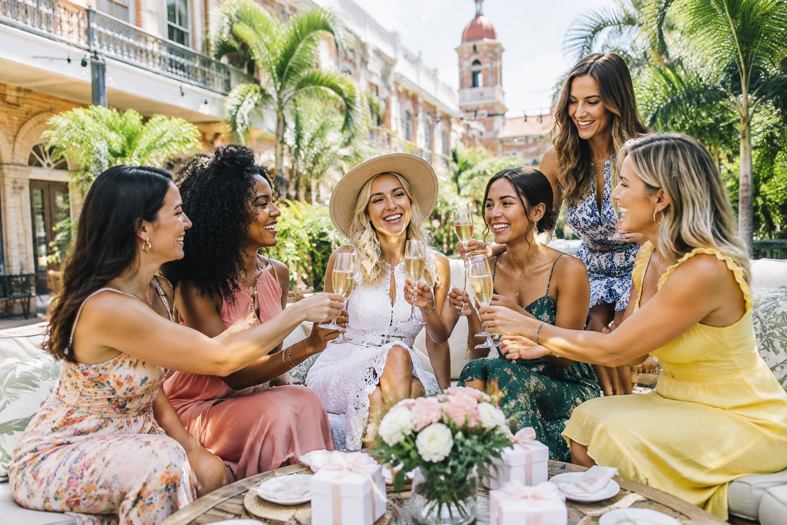 A group of friends celebrates at a stylish Florida vacation rental courtyard.