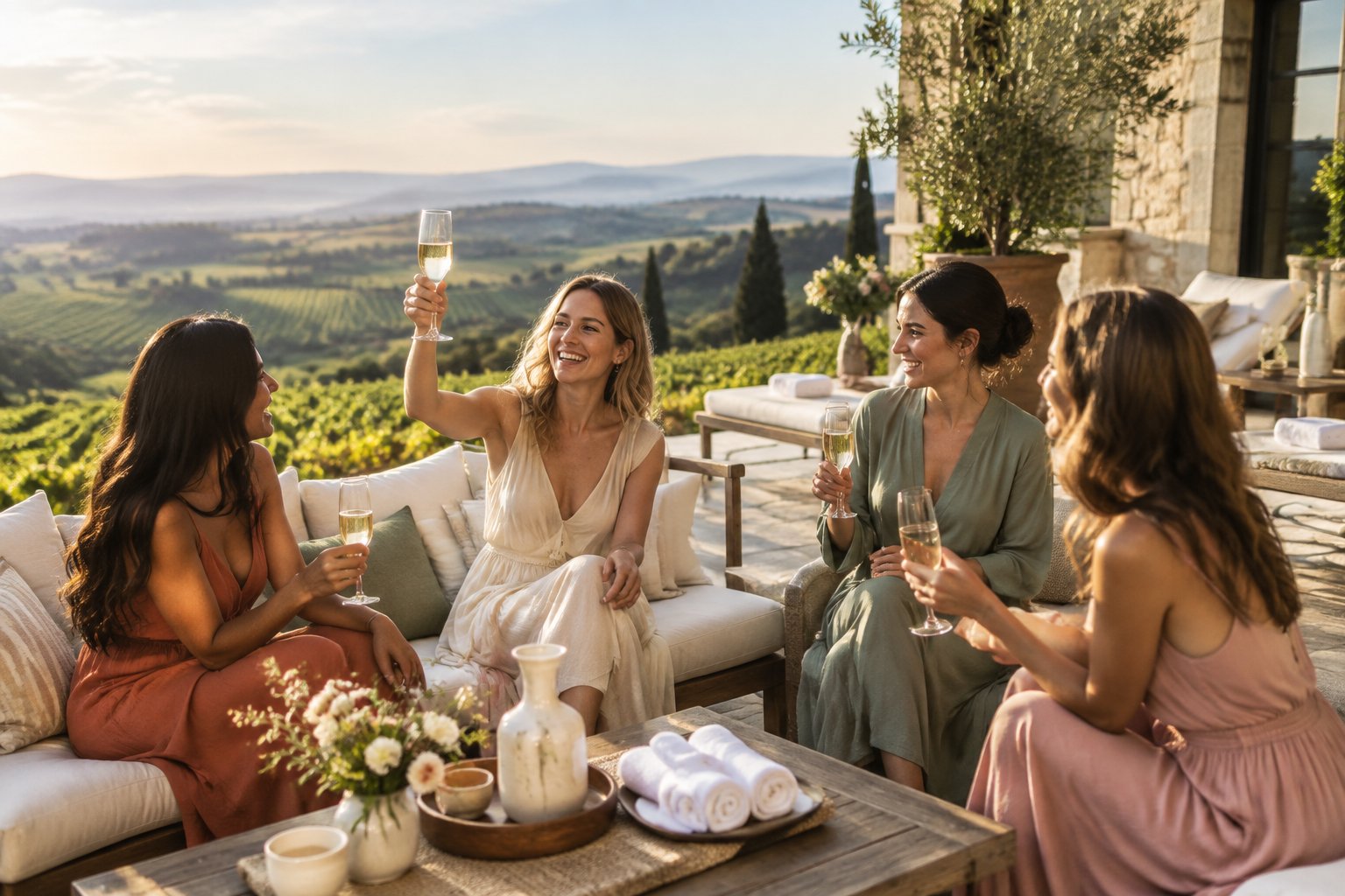 A group of friends celebrates with sparkling wine on a sunny terrace overlooking a vineyard.
