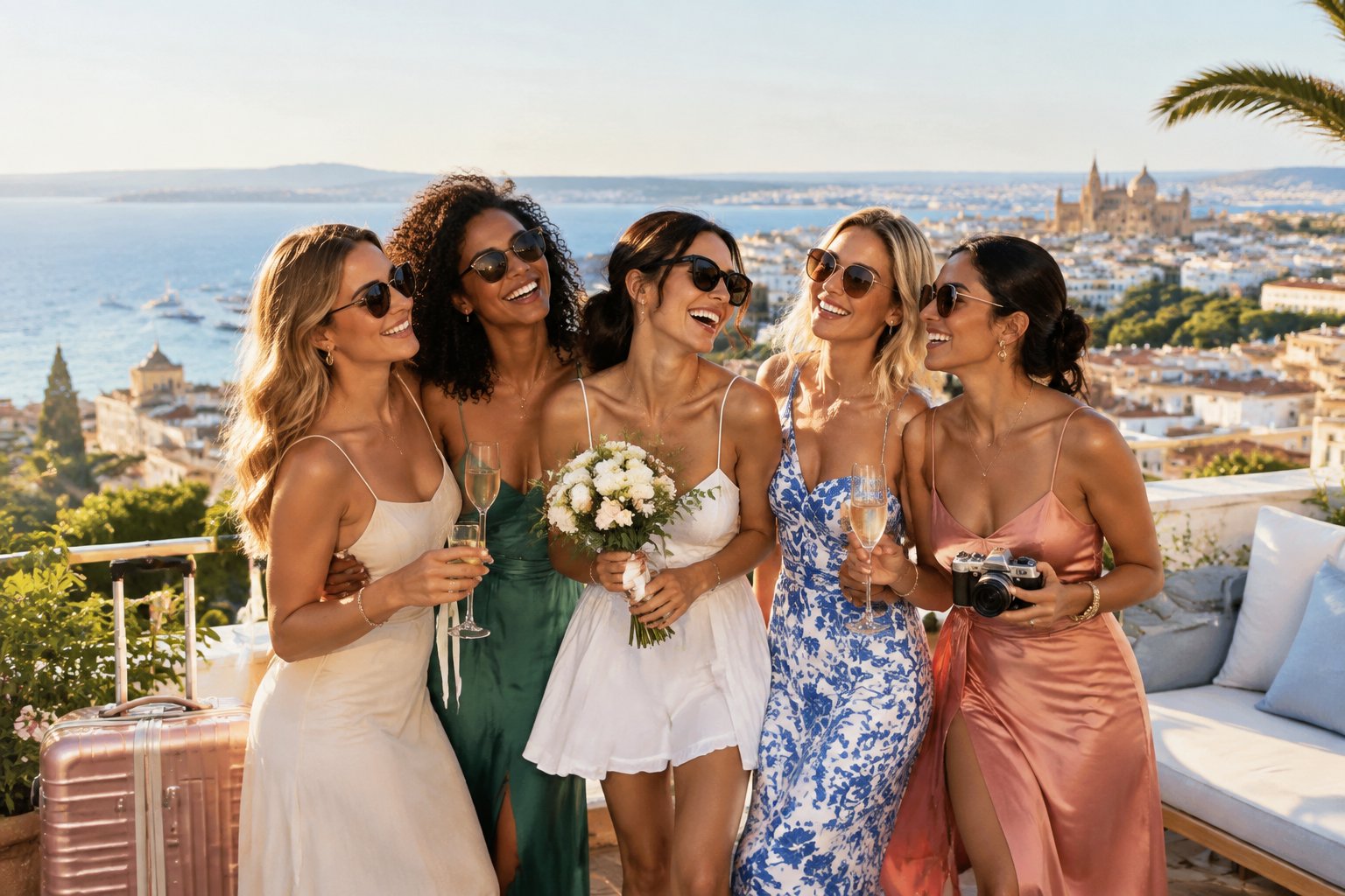 A group of women friends celebrating together on a rooftop terrace overlooking a sunny coastal city.