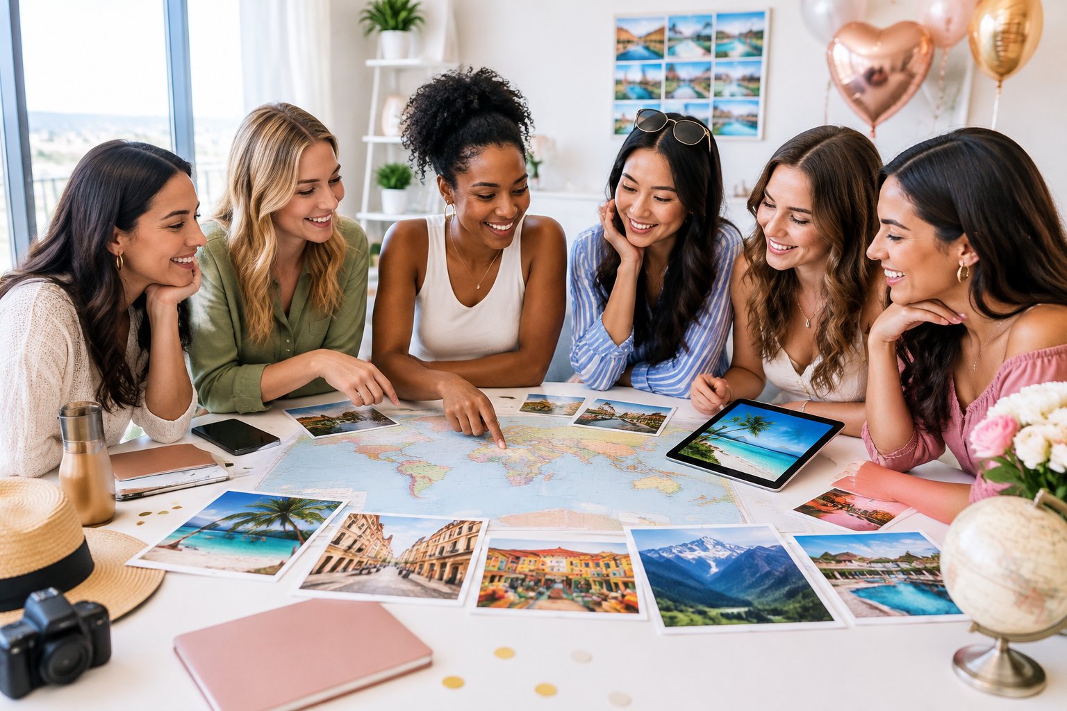 A group of friends compares global travel destinations around a table with a world map and travel images.