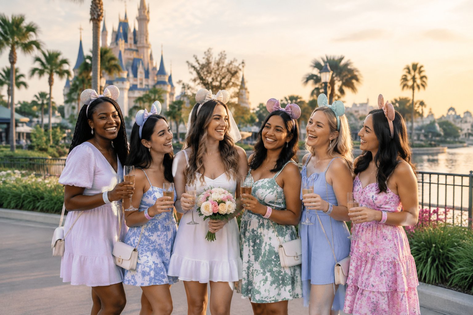 A group of friends celebrating a bachelorette getaway at a Disney-inspired resort.