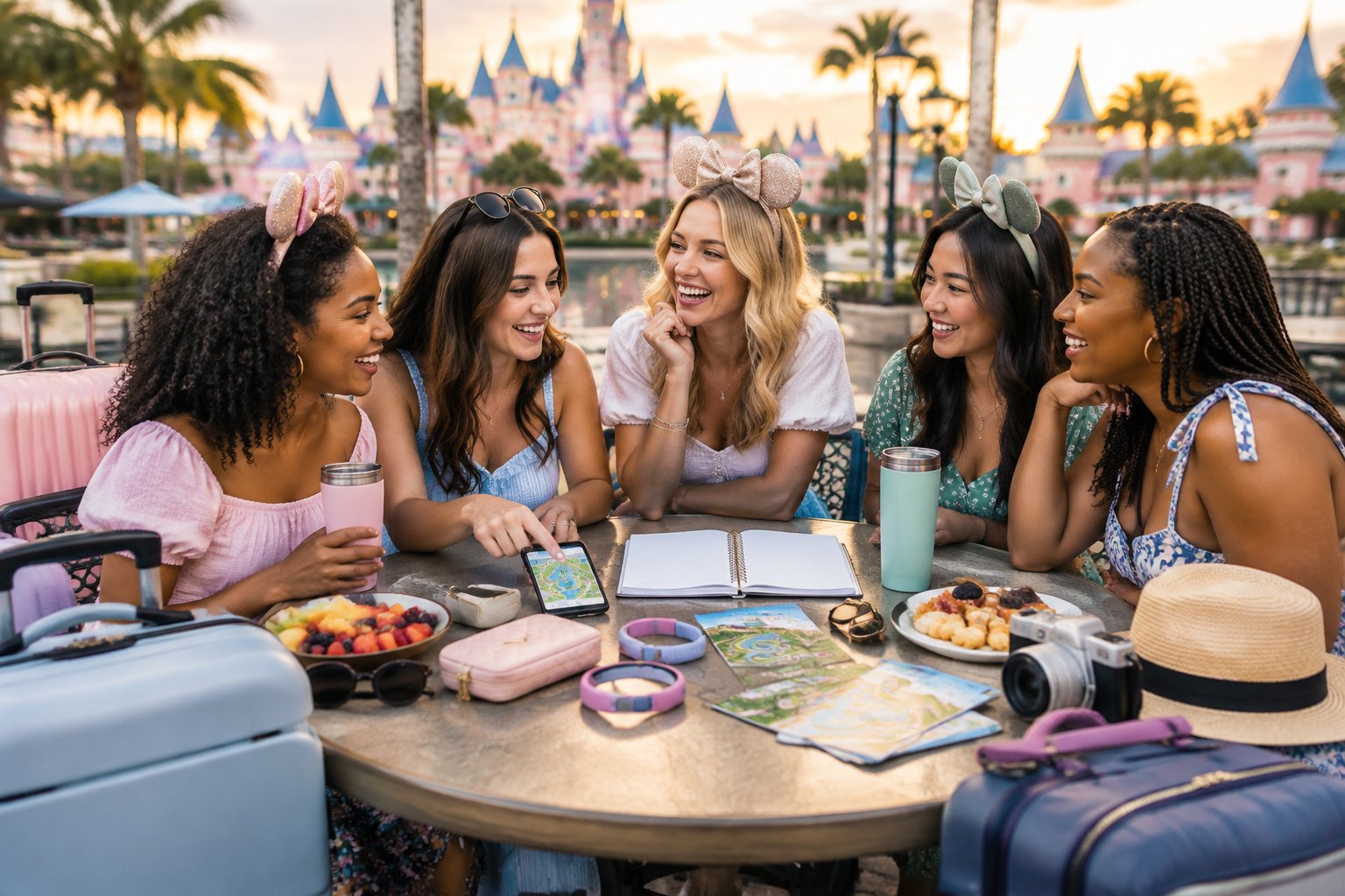 A group of friends planning a Disney getaway together at an outdoor resort table.