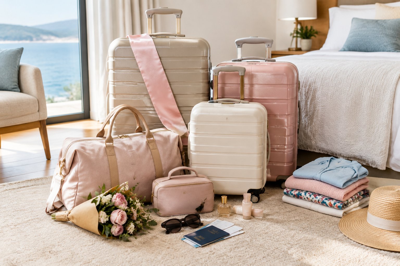 Coordinated luggage and travel accessories arranged for a celebratory getaway in a bright hotel room.
