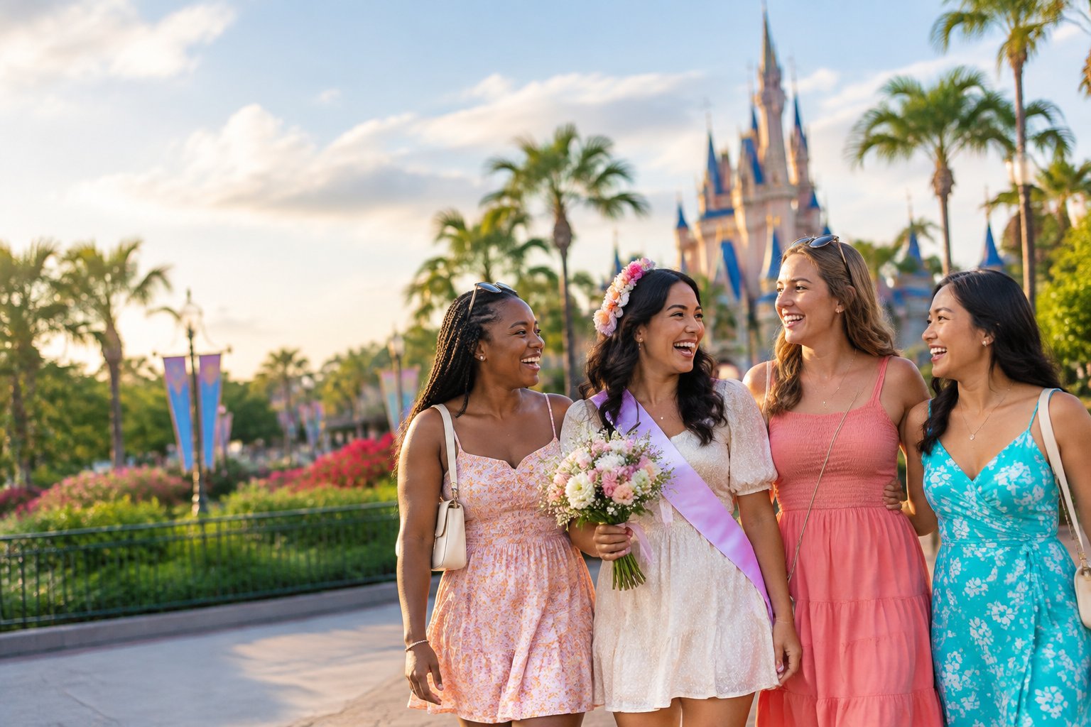 Four friends celebrate together at a sunny theme park.