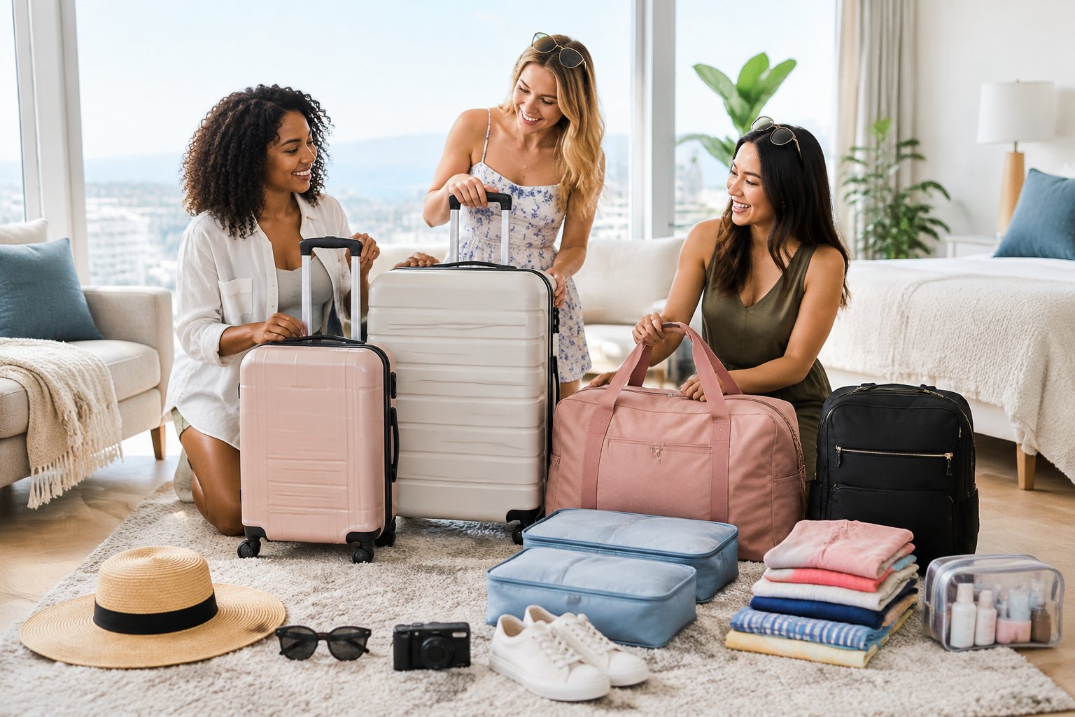 Friends prepare different suitcases and travel bags for a bachelorette party trip.