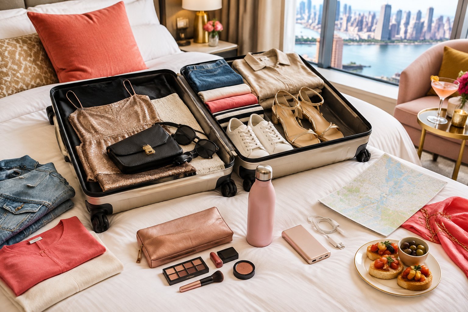 An open suitcase filled with clothing, shoes, toiletries, and travel accessories in a bright hotel room.