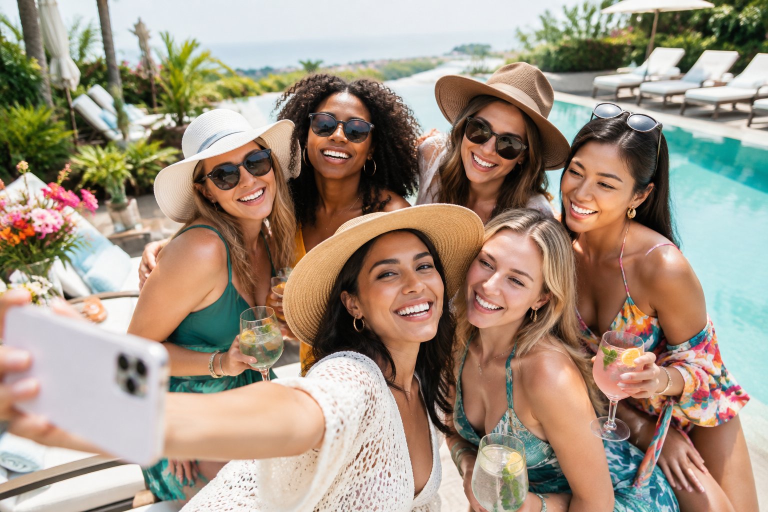 A group of friends celebrates together at a sunny luxury resort pool.