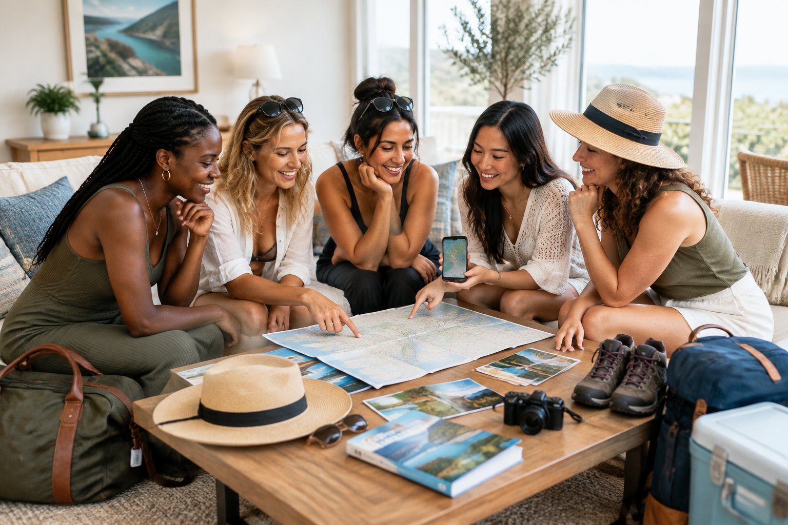 A group of friends plans a getaway together around a table in a bright vacation rental.
